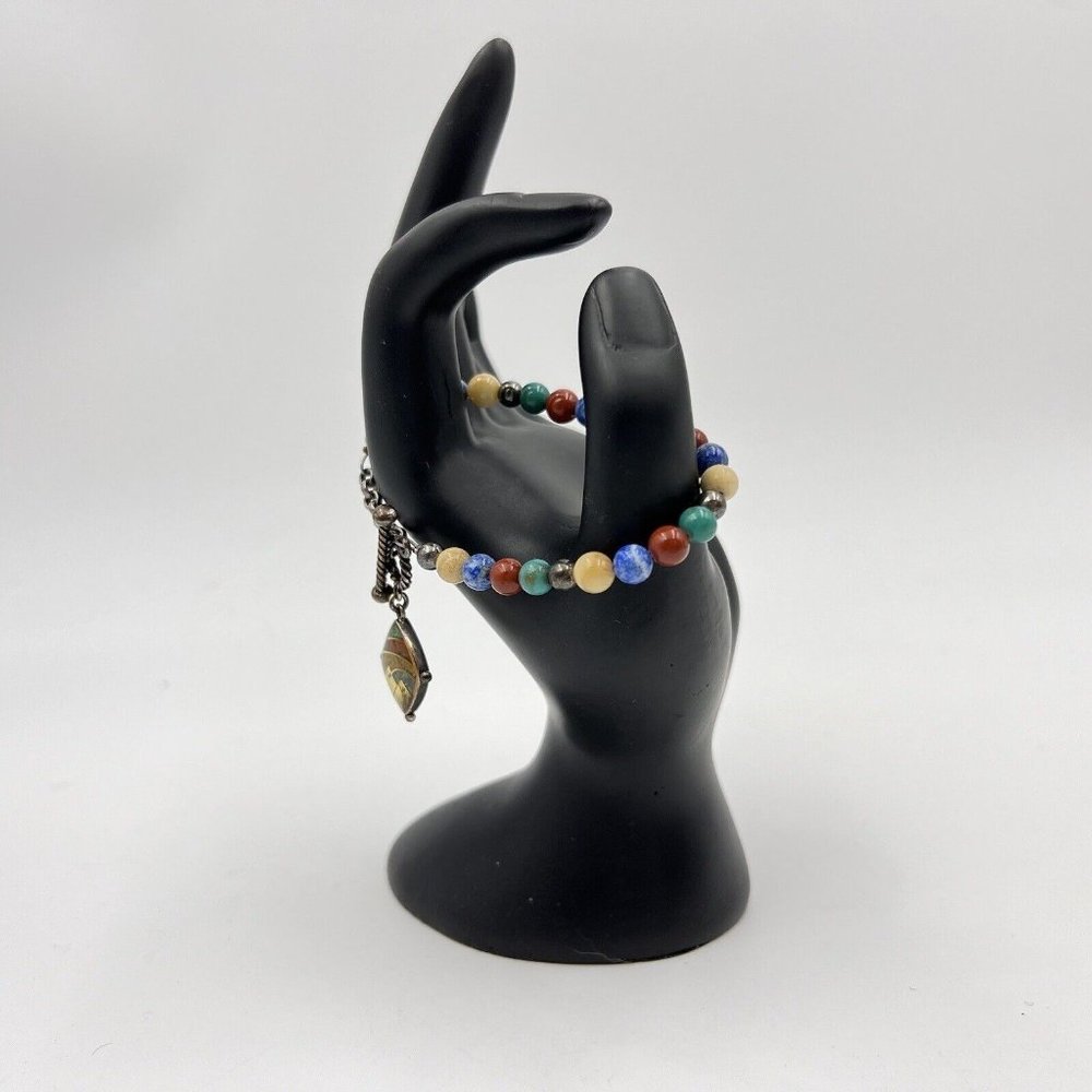 Carolyn Pollack Signed Marked Silver Beaded Bracelet Mountain Scene Charm